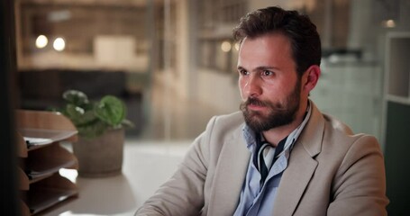 Aufkleber - Tired, businessman and night with yawn on computer for deadline, fatigue or workaholic at office. Man, employee or exhausted accountant working late for overworked, burnout or tasks at workplace