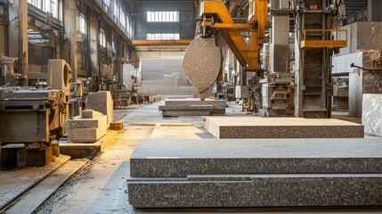 Canvas Print - Inside a granite factory, large slabs of granite are being processed and cut into smaller pieces with industrial machinery.