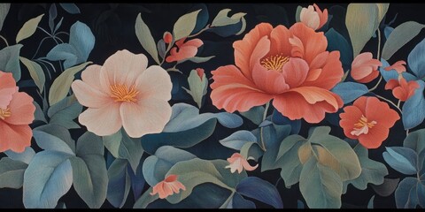Aufkleber - Silk embroidery texture showcasing intricate floral designs with vibrant colors on a dark background