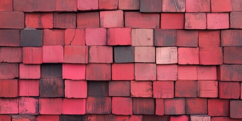 Poster - Stacked brick wall texture displaying rich red hues and unique patterns in construction design