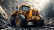 © atar - Mining dump truck in a mountain quarry. Concept of heavy industry, mining, and transportation.