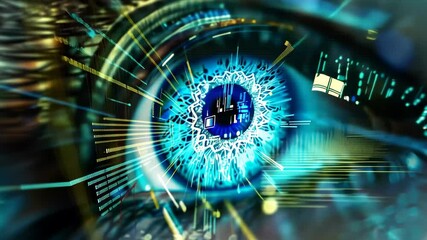 Poster - The video captures a close-up of an eye, showcasing intricate details and vibrant colors while reflecting a futuristic digital cityscape, highlights of technology and creativity.