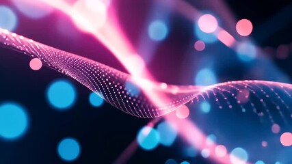 Poster - A dynamic abstract representation of colorful waves filled with glowing particles and bright light effects, creating a sense of depth and movement in a dark space.