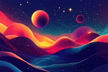 Wall Mural - Surreal Cosmic Landscape: Dreamlike Nebula with Celestial Bodies and Starlit Skylines