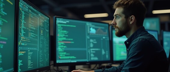 IT specialist engages in advanced programming on green mock-up screen.