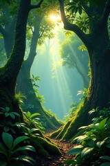 Wall Mural - dense rainforest with sunlight filtering through the canopy, lush, undergrowth, vegetation