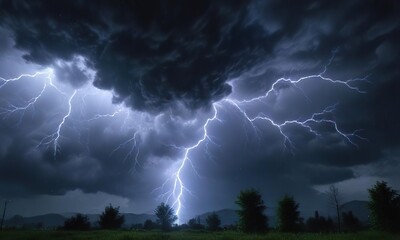 Electric blue lightning illuminates a stormy night sky with vibrant green plasma, natural phenomena, night sky