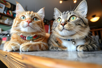  Zwei neugierige Katzen mit Halsbändern auf einem Holztisch  