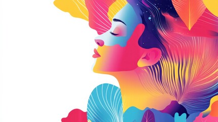 Wall Mural - Vibrant Abstract Portrait of a Young Woman Surrounded by Colorful Floral Elements and Dreamy Patterns Representing Art and Imagination