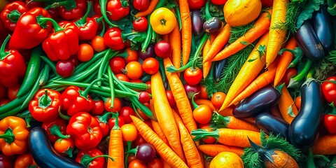 Sticker - A vibrant and colorful assortment of fresh garden vegetables including carrots, peppers, tomatoes, eggplants, and green beans.