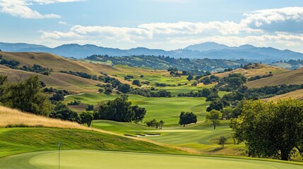 Wall Mural - A challenging golf course nestled in rolling hills, Golfing equipment set for a challenging round, Hillside golfing style