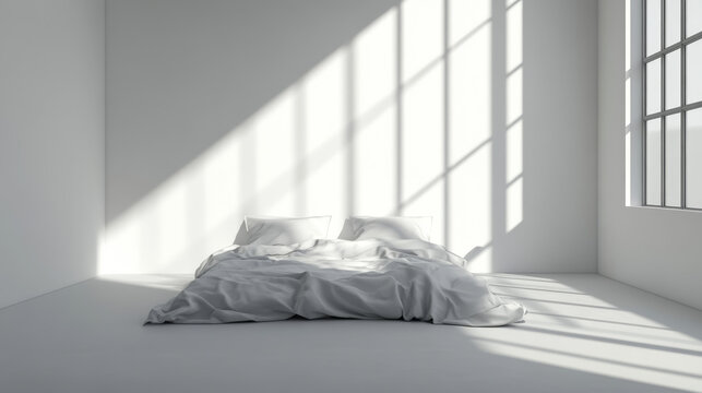 A bedroom interior mockup featuring a cozy bed set against a white wall, complemented by minimalist decor. Rendered in 3D.






