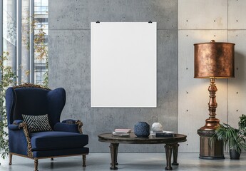 Fototapete - Stylish room featuring a bronze lamp, navy armchair, coffee table, and a blank poster wall.