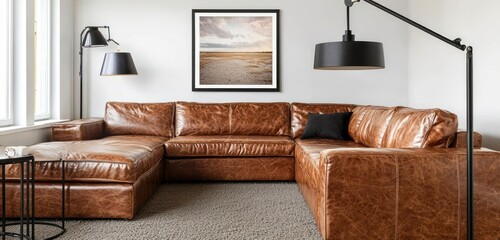 Fototapete - Stylish living room with a brown leather sectional, blank poster frame on the wall.