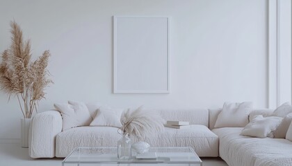 Fototapete - White-walled lounge featuring a pure poster frame, alabaster sectional, glass coffee table, low-angle photo.