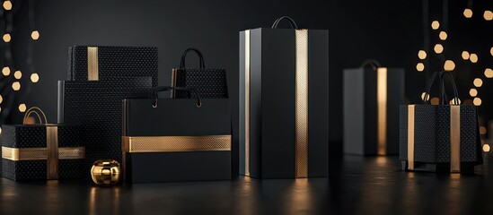 Fototapete - Black luxury boxes with gold details beside shopping bags, set on a dark background.