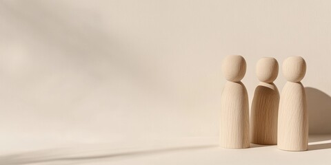 Poster - Carved wooden figurines against a contrast empty space showcasing clean shadows and unique design elements in a minimalist setting