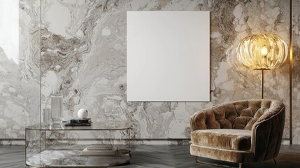 Fototapete - Elegant living room with a velvet armchair, glass coffee table, and a designer lamp beside a marble wall.