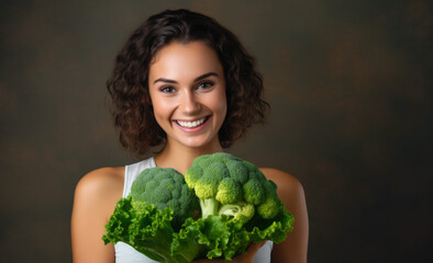 Woman have fun holding gluten-free organic green vegetable. Healthy nutrition. Generative AI.