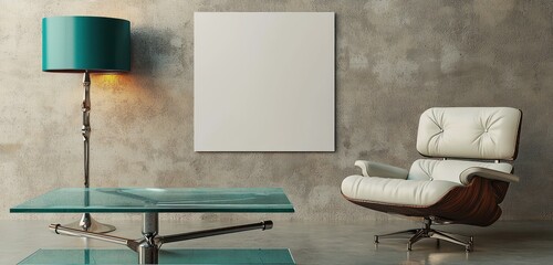 Fototapete - Modern interior with a blank poster on the wall, teal lamp, and contemporary glass furniture for product shots.