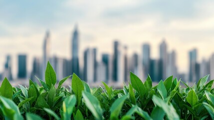 Poster - A blurred city skyline looms behind a vibrant green foreground of lush leaves, creating a contrast between nature and urban life.