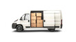 © Tatsiana - A white van stands isolated with its back doors ajar, showcasing neatly stacked cardboard boxes inside, perfect for shipping and logistics purposes.