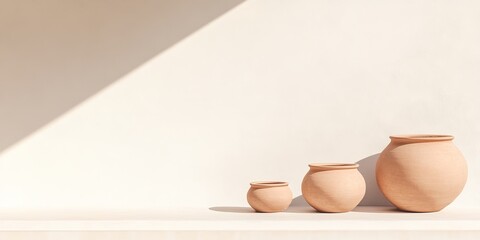 Poster - Elegant arrangement of clay pots on a clean surface with shadows creating contrast in a minimalist setting
