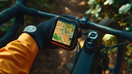 Close-up of a cyclist's hand using a smartwatch with a map displayed, mounted on a bicycle handlebar in a natural outdoor setting.