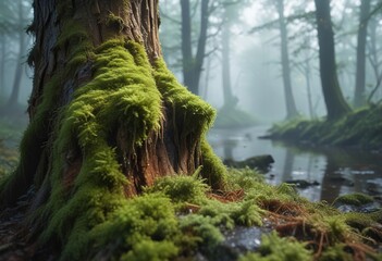 Wall Mural - moss-covered tree trunk in foggy forest, water droplets glistening on the surface, ferns, forest