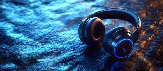 Illuminated headphones on a textured surface.