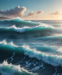 Wall Mural - Dreamy oceanic scene with undulating blue waves, soothing, ocean, peaceful