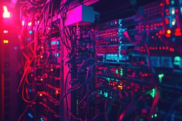 Poster - Intricate network server room, glowing pink and blue. Illustrates data center technology, ideal for tech articles.