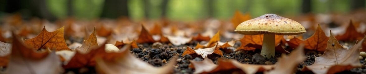 Wall Mural - litter of mushrooms scattered on the forest floor, brown leaves, season change, oak