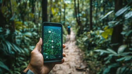 A person holding a cell phone with a map app open