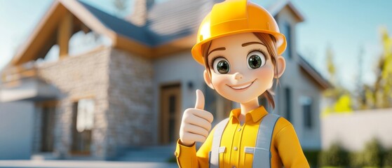 Engineer Theme, A cartoon girl wearing a yellow shirt and a hard hat is giving a thumbs up