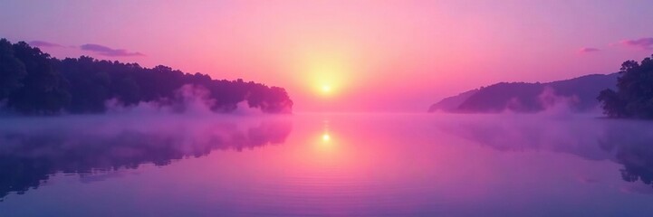 Wall Mural - Soft purple mist rises over a serene lake at sunset, sunset, gradient, misty