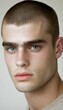 © good everyday - Close-up portrait of a young man with short brown hair and light eyes.