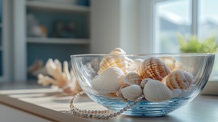 Wall Mural - Elegant Glass Bowl Filled with Various Seashells and Decorative Elements Placed on a Bright Wooden Table with Natural Light Streaming Through a Window