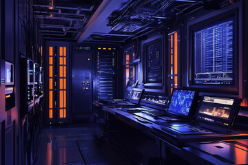 Poster - computer room with many monitors and a keyboard. The room is dimly lit and the monitors are glowing. Scene is serious and focused, as it is a computer room