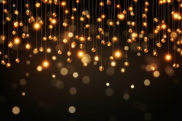 Poster - Golden christmas lights hanging on dark background with bokeh effect