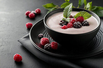 Wall Mural -  bowl of fruit with raspberries and mint leaves. The bowl is on a black plate