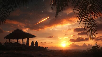 Wall Mural - serene sunset over the horizon with silhouetted figures under a tropical canopy, evoking a sense of 