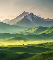 Wall Mural - Soft yellow and green gradient with a blurred mountain landscape, muted, foliage