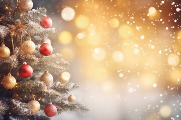 Poster - Christmas tree decorated with red and gold balls with snow falling on a blurred golden background
