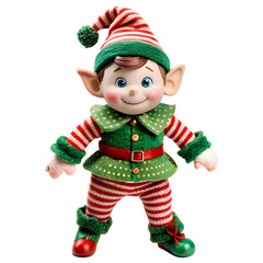 Joyful Christmas elf figurine wearing a green and red isolated on white background three-dimensional HD photo PNG file download