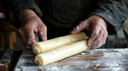 Wall Mural - Skilled Hands Preparing Dough Rolls on a Floured Wooden Surface