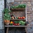 © karnsiree - A side view of a DIY vegetable rack against a brick wall,