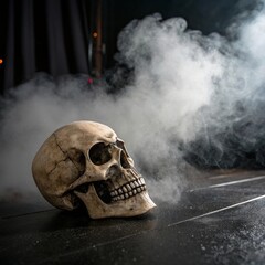 Wall Mural - the skull is lying on the stage, smoke is coming from near it.
