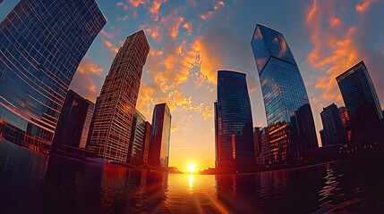 Canvas Print - Bottom view of modern skyscrapers in business district at sunset with lens flare filter effect 