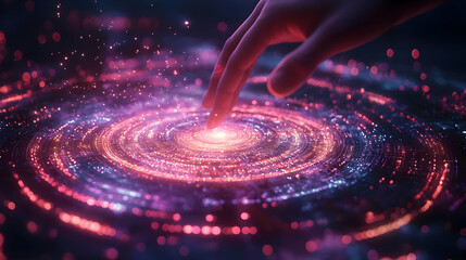 Poster - Abstract 3D Galaxy Background: Hand Interacting with Luminous Spiral